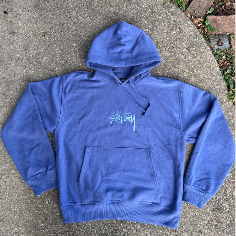 Stussy Stock Logo Hoodie Mens Large Blue Embroidered Pullover Sweatshirt